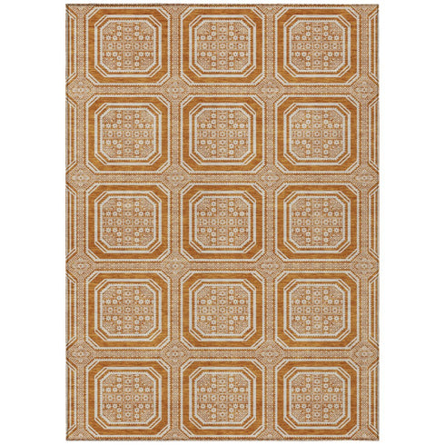 9' X 12' Terra Cotta And Ivory Geometric Washable Area Rug With UV Protection