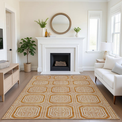 9' X 12' Terra Cotta And Ivory Geometric Washable Area Rug With UV Protection