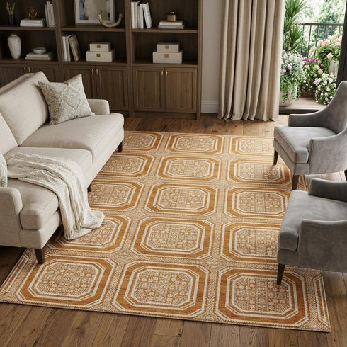 9' X 12' Terra Cotta And Ivory Geometric Washable Area Rug With UV Protection