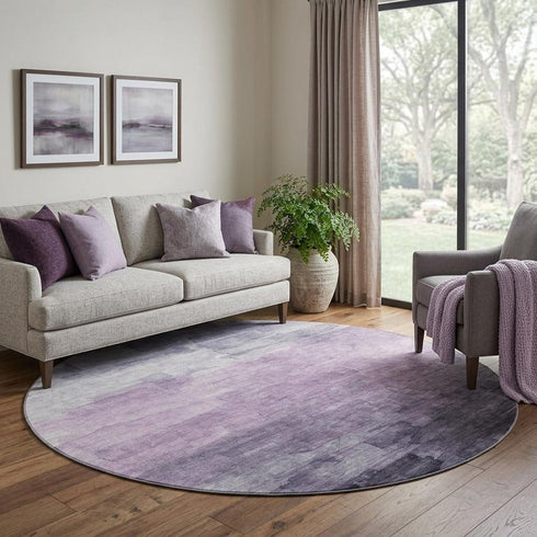 8' X 8' Lavender And Lilac Striped Washable Round Rug With UV Protection
