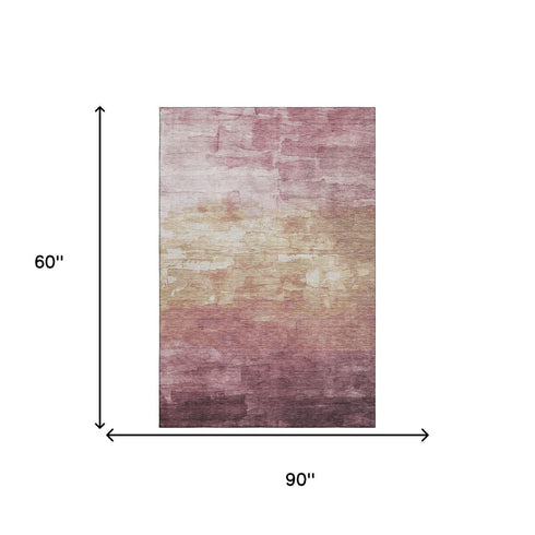 5' X 8' Mauve Beige And Pink Striped Washable Area Rug With UV Protection