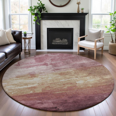 8' X 8' Mauve Beige And Pink Striped Washable Round Rug With UV Protection