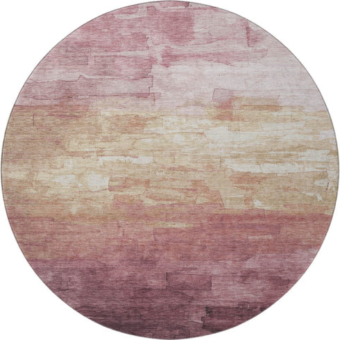 8' X 8' Mauve Beige And Pink Striped Washable Round Rug With UV Protection