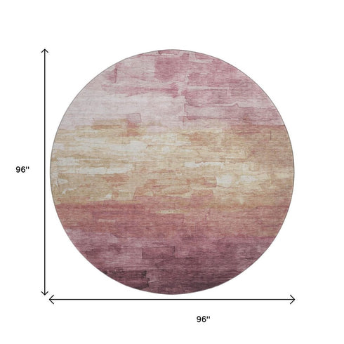 8' X 8' Mauve Beige And Pink Striped Washable Round Rug With UV Protection