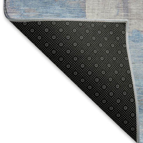 5' X 8' Beige Salmon And Blue Abstract Washable Area Rug With UV Protection