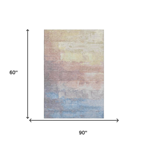5' X 8' Beige Salmon And Blue Abstract Washable Area Rug With UV Protection