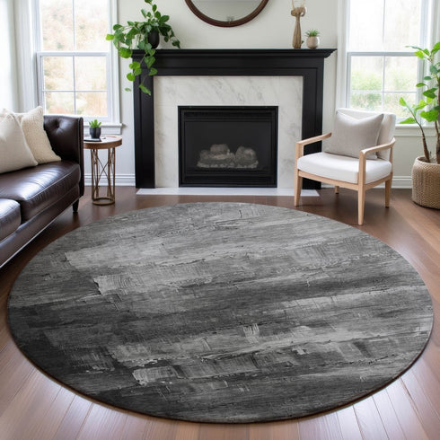8' X 8' Gray Silver And Charcoal Abstract Washable Round Rug With UV Protection