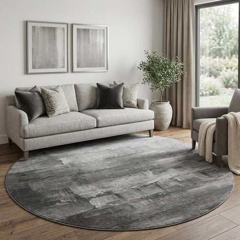 8' X 8' Gray Silver And Charcoal Abstract Washable Round Rug With UV Protection