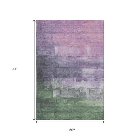 5' X 8' Lavender And Green Abstract Washable Area Rug With UV Protection