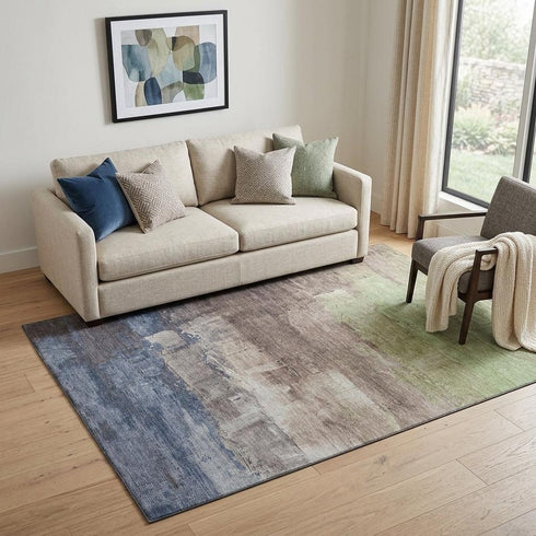 5' X 8' Coffee Green And Blue Abstract Washable Area Rug With UV Protection