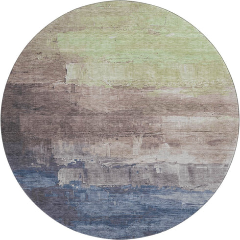 8' X 8' Coffee Green And Blue Abstract Washable Round Rug With UV Protection