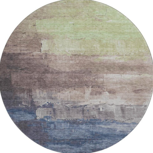 8' X 8' Coffee Green And Blue Abstract Washable Round Rug With UV Protection