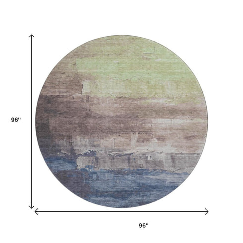 8' X 8' Coffee Green And Blue Abstract Washable Round Rug With UV Protection