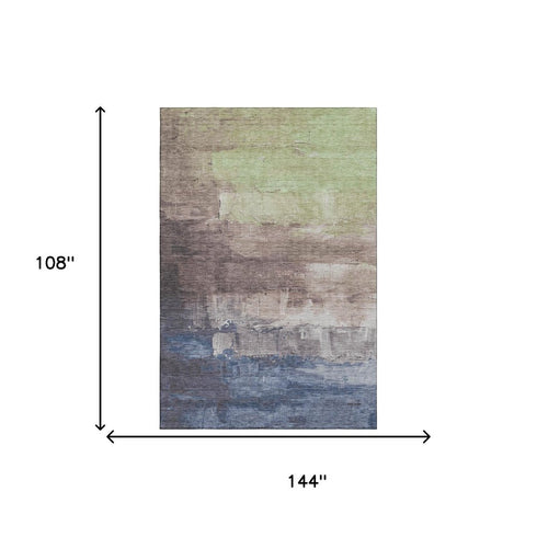 9' X 12' Coffee Green And Blue Abstract Washable Area Rug With UV Protection