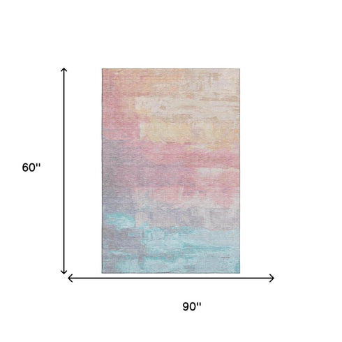 5' X 8' Salmon Silver And Teal Abstract Washable Area Rug With UV Protection