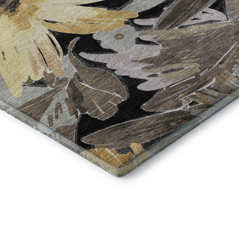 5' X 8' Black Gray And Wheat Floral Washable Area Rug With UV Protection
