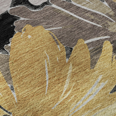 5' X 8' Black Gray And Wheat Floral Washable Area Rug With UV Protection