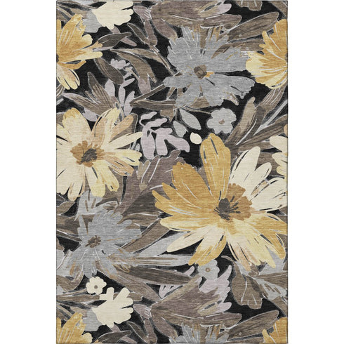 5' X 8' Black Gray And Wheat Floral Washable Area Rug With UV Protection