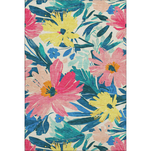5' X 8' Blush Yellow And Blue Floral Washable Area Rug With UV Protection