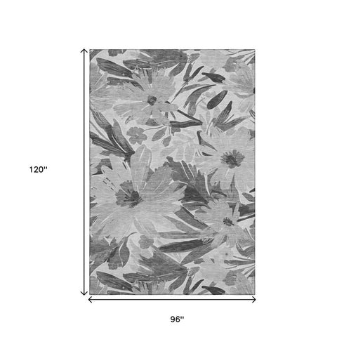 8' Gray Silver And Charcoal Floral Washable Area Rug With UV Protection