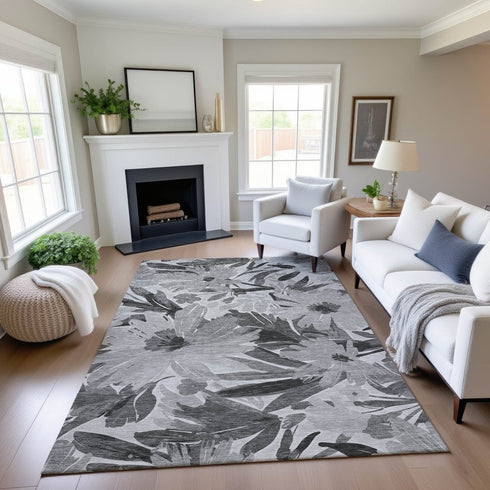 8' Gray Silver And Charcoal Floral Washable Area Rug With UV Protection