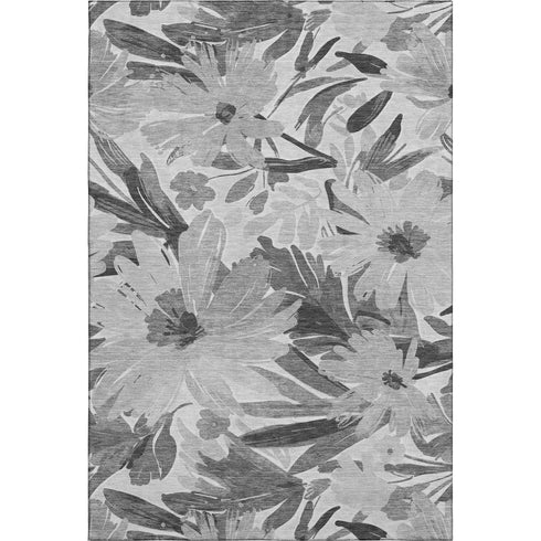 8' Gray Silver And Charcoal Floral Washable Area Rug With UV Protection