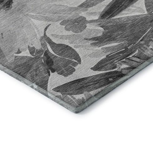 8' Gray Silver And Charcoal Floral Washable Area Rug With UV Protection