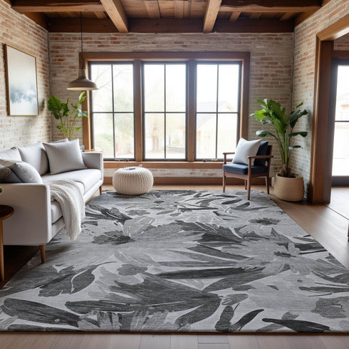9' X 12' Gray Silver And Charcoal Floral Washable Area Rug With UV Protection