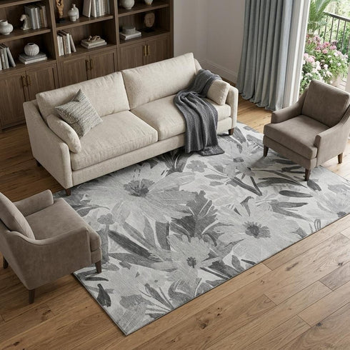 9' X 12' Gray Silver And Charcoal Floral Washable Area Rug With UV Protection