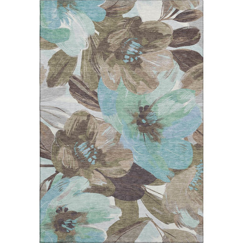 5' X 8' Khaki Teal And Green Floral Washable Area Rug With UV Protection