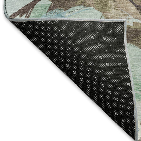 5' X 8' Khaki Teal And Green Floral Washable Area Rug With UV Protection
