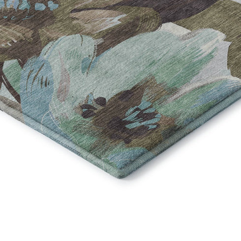 5' X 8' Khaki Teal And Green Floral Washable Area Rug With UV Protection