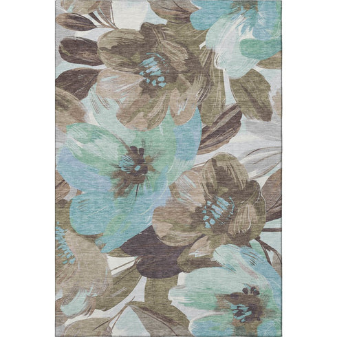 5' X 8' Khaki Teal And Green Floral Washable Area Rug With UV Protection