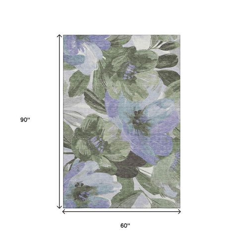 5' X 8' Olive Green Ivory And Lavender Floral Washable Area Rug With UV Protection
