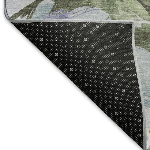 5' X 8' Olive Green Ivory And Lavender Floral Washable Area Rug With UV Protection