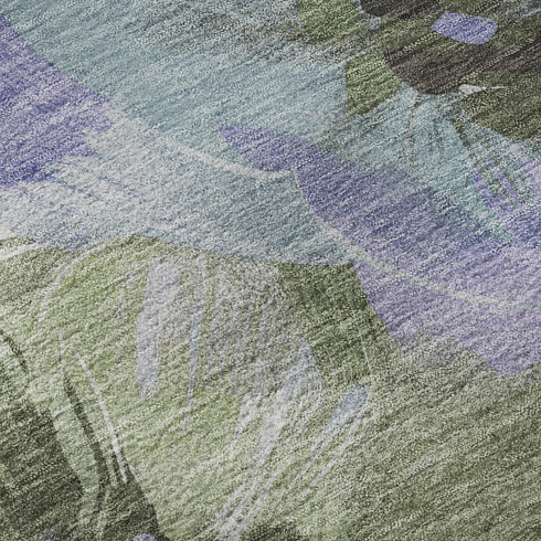 5' X 8' Olive Green Ivory And Lavender Floral Washable Area Rug With UV Protection