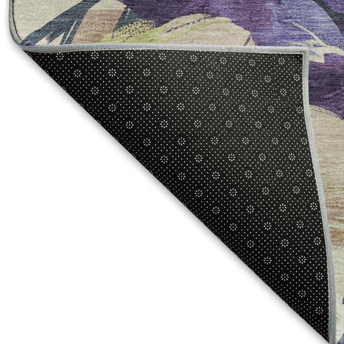 5' X 8' Purple Green And Ivory Floral Washable Area Rug With UV Protection