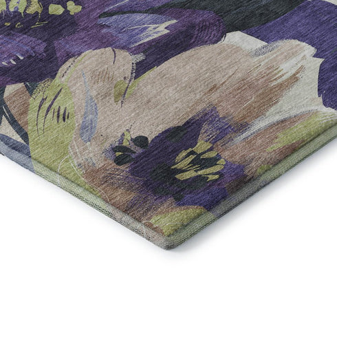 5' X 8' Purple Green And Ivory Floral Washable Area Rug With UV Protection