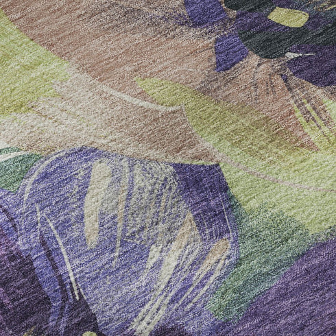5' X 8' Purple Green And Ivory Floral Washable Area Rug With UV Protection