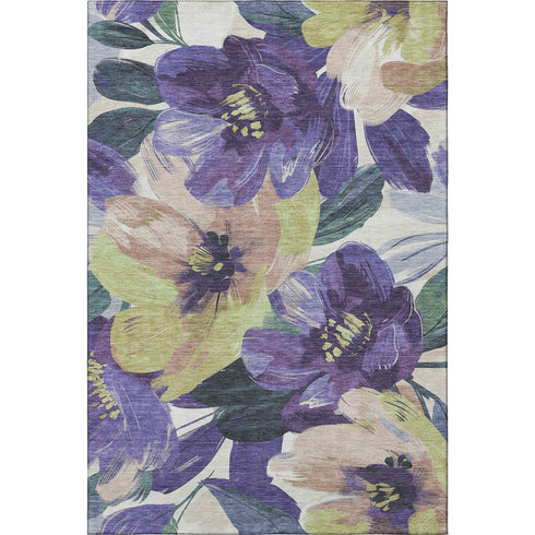 5' X 8' Purple Green And Ivory Floral Washable Area Rug With UV Protection
