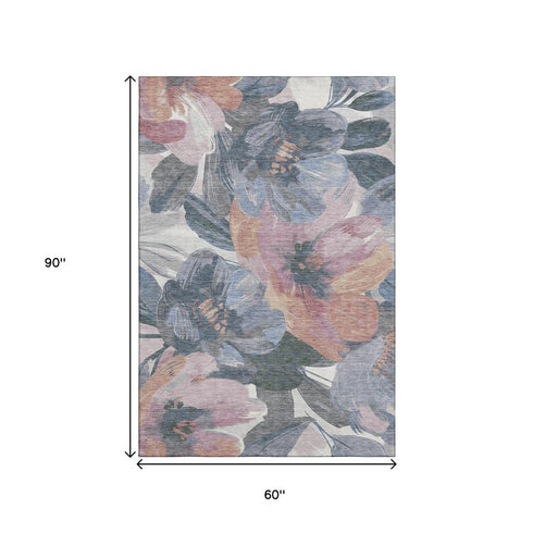 5' X 8' Pewter Salmon And Gray Floral Washable Area Rug With UV Protection