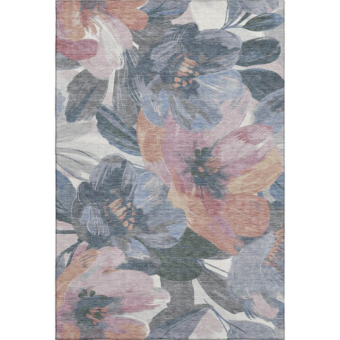 5' X 8' Pewter Salmon And Gray Floral Washable Area Rug With UV Protection