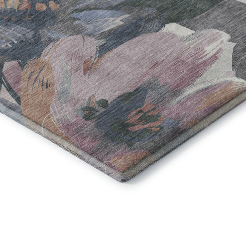5' X 8' Pewter Salmon And Gray Floral Washable Area Rug With UV Protection