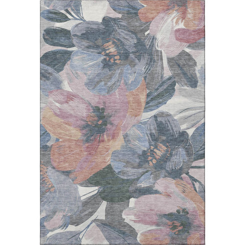5' X 8' Pewter Salmon And Gray Floral Washable Area Rug With UV Protection