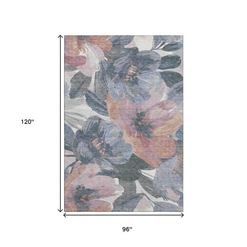 8' Pewter Salmon And Gray Floral Washable Area Rug With UV Protection