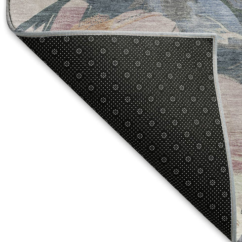 8' Pewter Salmon And Gray Floral Washable Area Rug With UV Protection