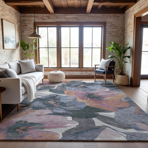 8' Pewter Salmon And Gray Floral Washable Area Rug With UV Protection