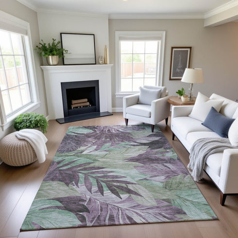 8' Lavender And Mint Green Floral Washable Area Rug With UV Protection