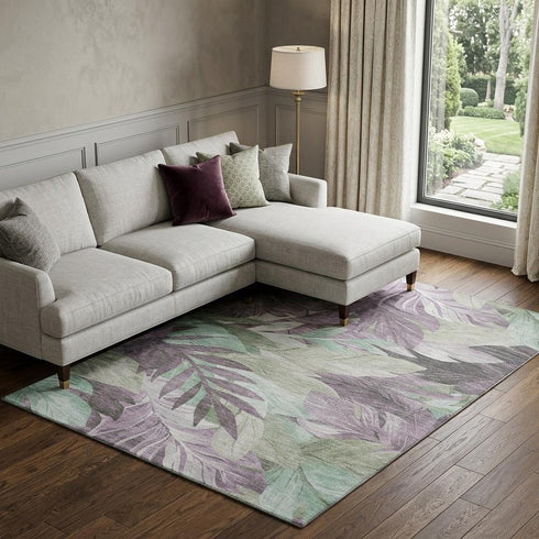 8' Lavender And Mint Green Floral Washable Area Rug With UV Protection