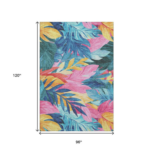 8' Sky Blue Pink And Gold Floral Washable Area Rug With UV Protection